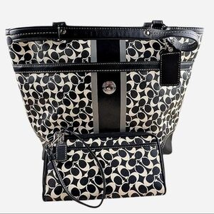 Coach Chelsea Heritage Stripe Signature Tote in Black and White Coated Canvas